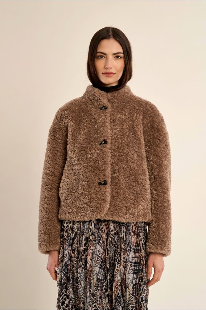 Molly Bracken brown faux sheepskin toggle jacket front view