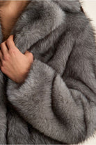 Molly Bracken grey faux fur jacket texture and pocket detail close-up