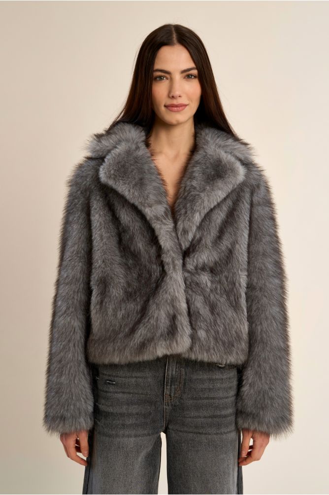 Molly Bracken grey short faux fur jacket front view