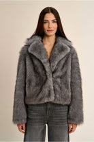Molly Bracken grey short faux fur jacket front view