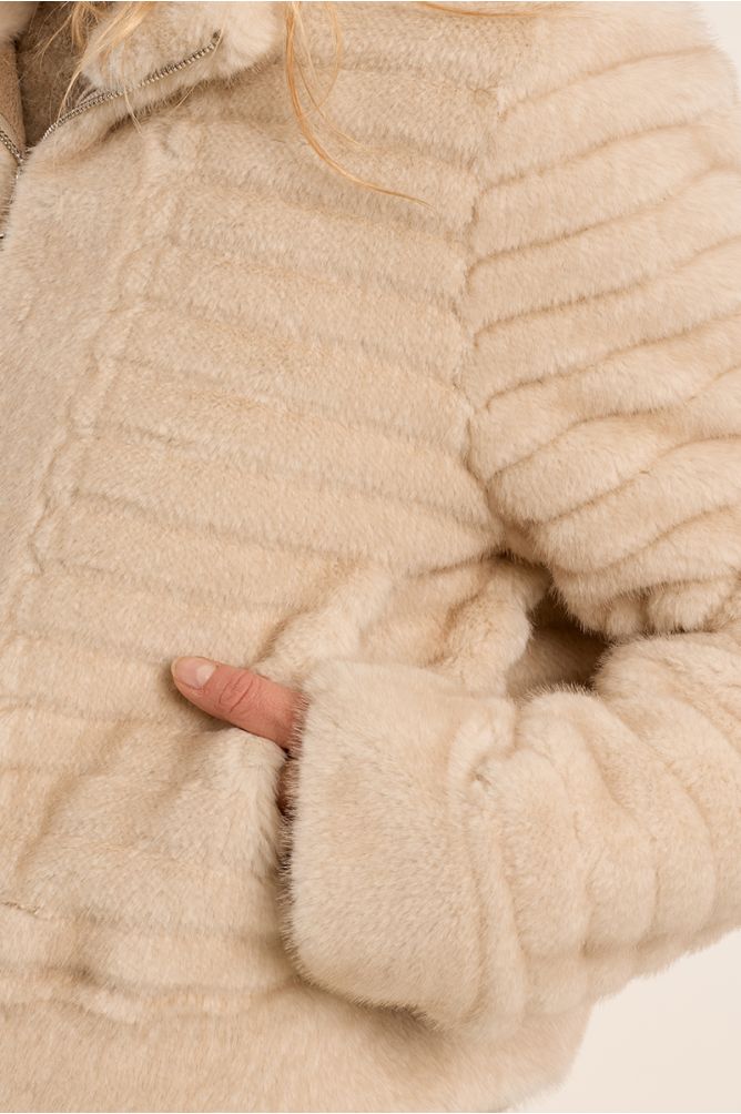Molly Bracken cream faux fur jacket soft ribbed texture close-up