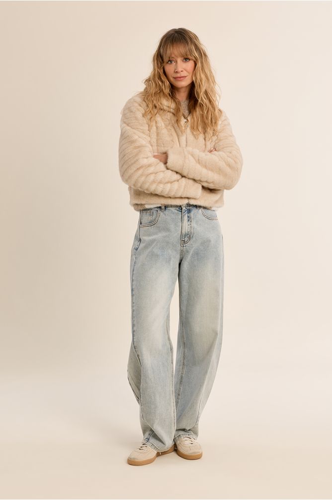 Molly Bracken women’s cream faux fur jacket styled with jeans