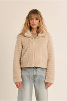 Molly Bracken cream faux fur zip-up jacket front view