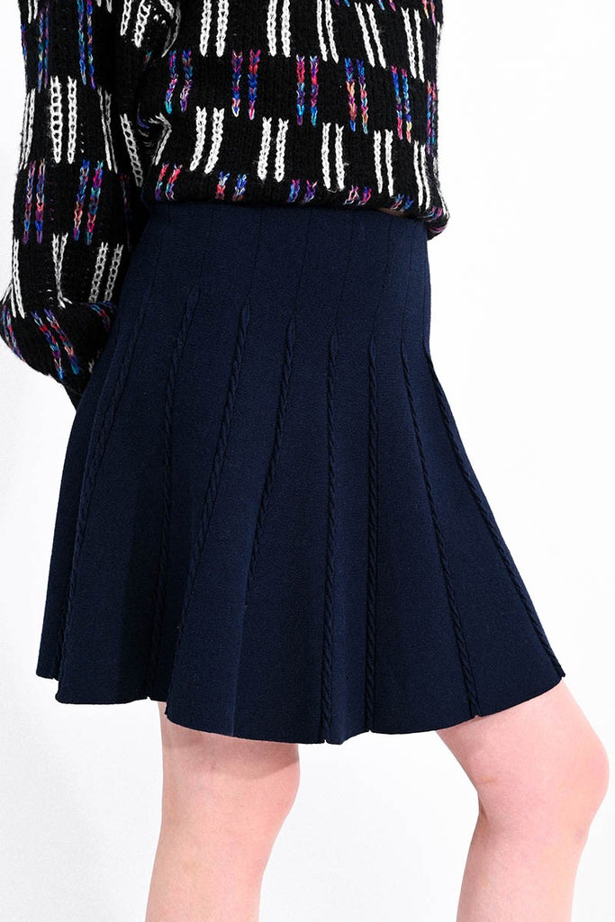 Molly Bracken Knitted Pleat Effect Short Skater Skirt In Navy