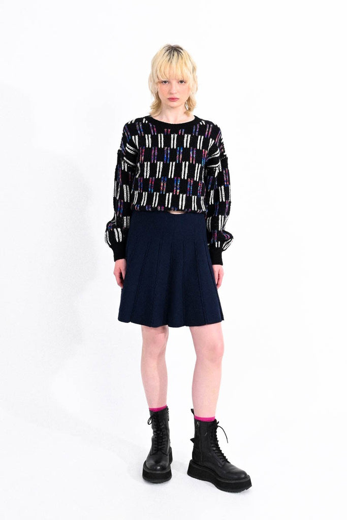 Molly Bracken Knitted Pleat Effect Short Skater Skirt - Navy