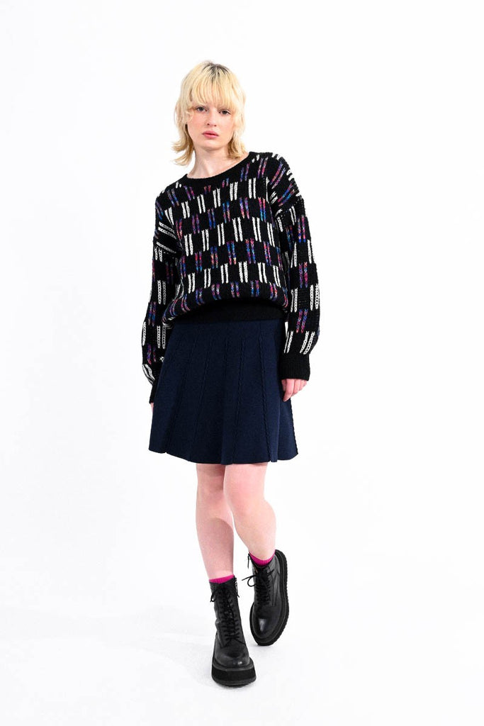 Molly Bracken Navy Knitted Pleat Effect Short Skater Skirt