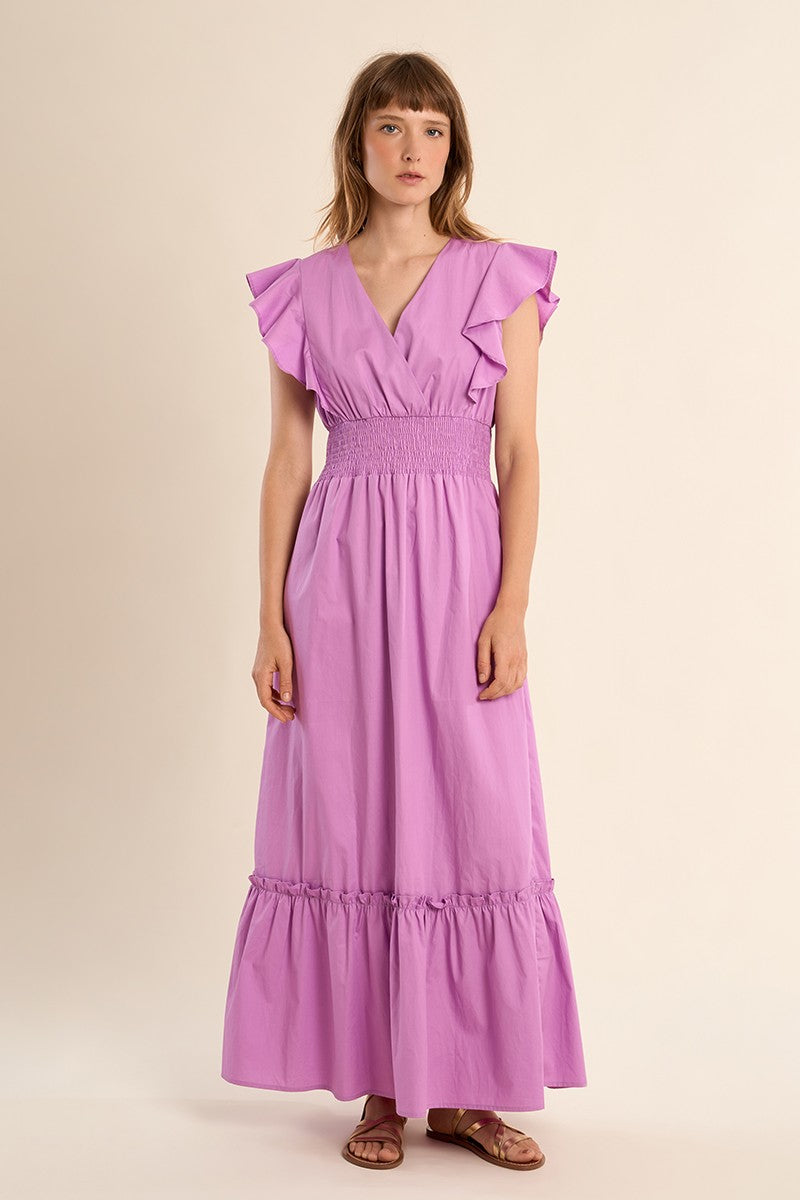 Molly Bracken cotton maxi dress lilac tiered dress ruffle sleeve front view
