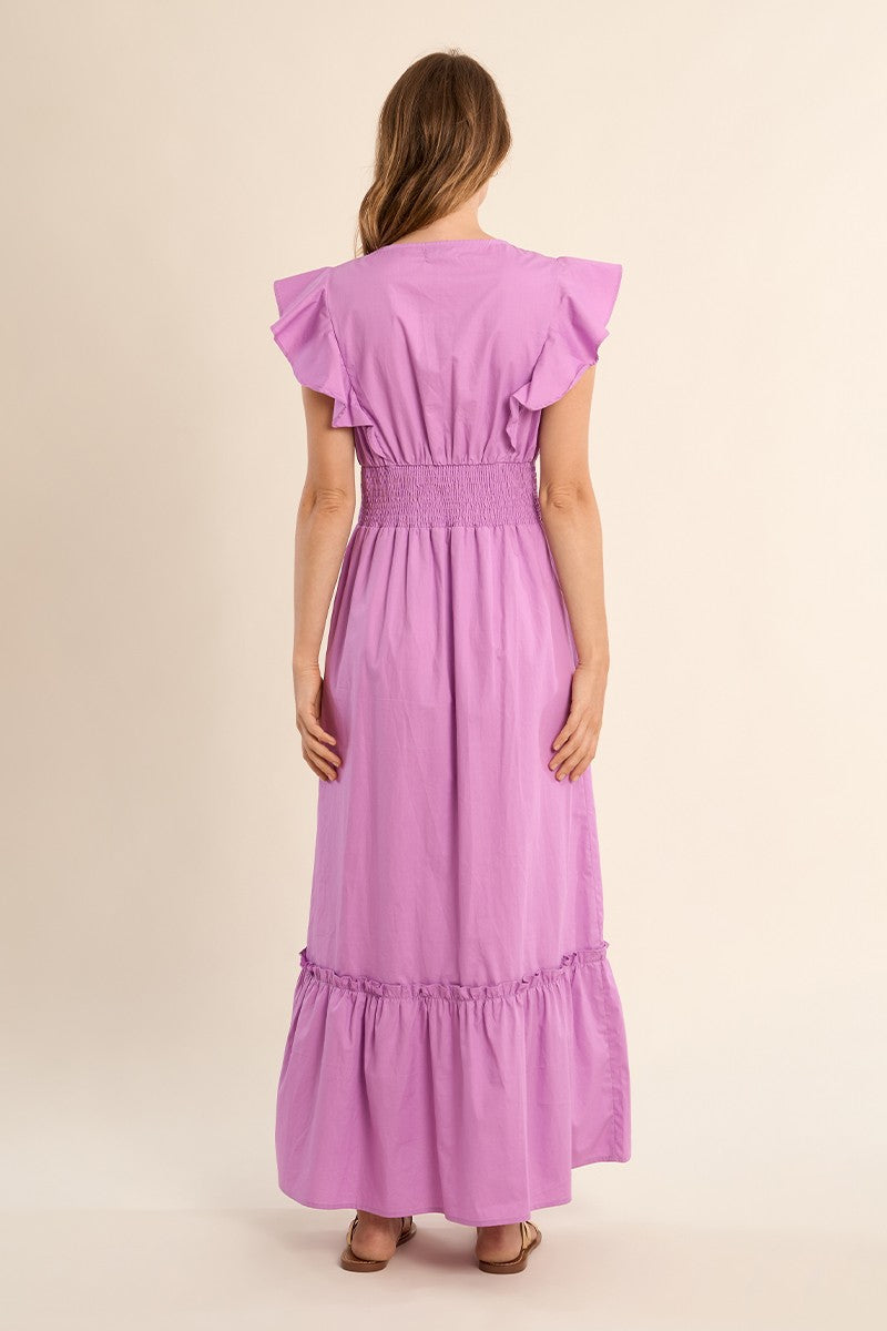 Molly Bracken lilac tiered cotton maxi dress back view