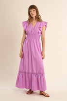 Molly Bracken ruffle sleeve cotton maxi dress smocked waist detail