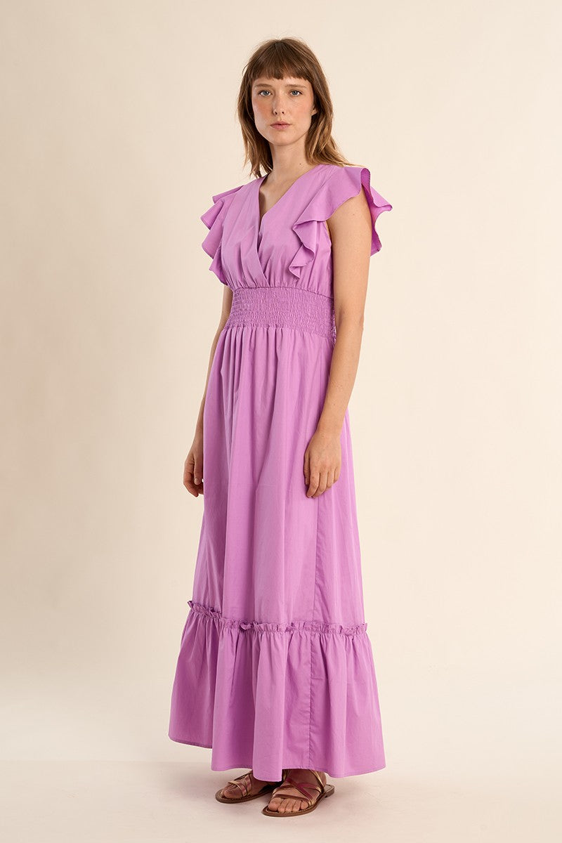Molly Bracken lilac cotton maxi dress V-neck ruffle sleeve detail