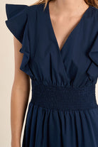 Molly Bracken navy cotton maxi dress smocked waist  detail 