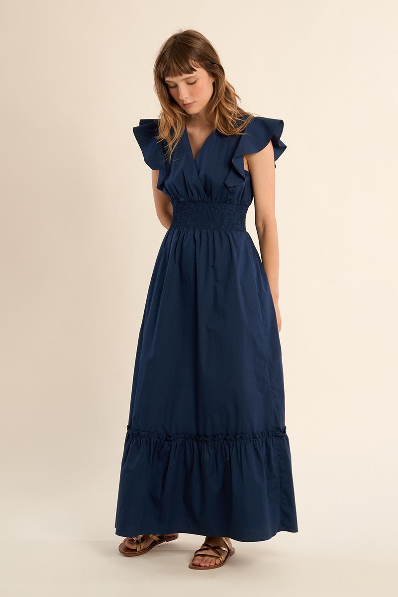 Molly Bracken navy cotton maxi dress smocked waist and ruffle sleeve detail