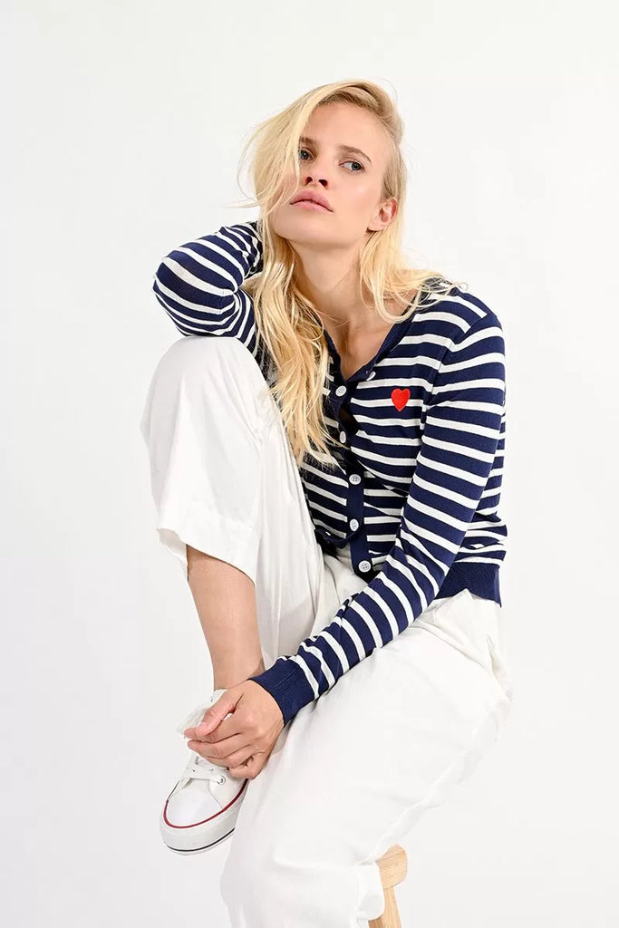 Molly Bracken Navy/White Nautical Striped Heart Cardigan