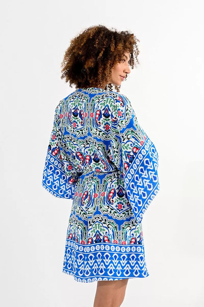 Molly Bracken Kimono Style Blue Ethnic Print Dress From Back