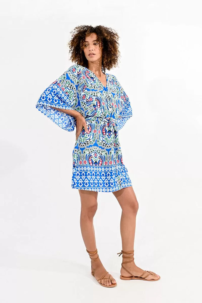 Molly Bracken Kimono Style Blue Ethnic Print Dress Short