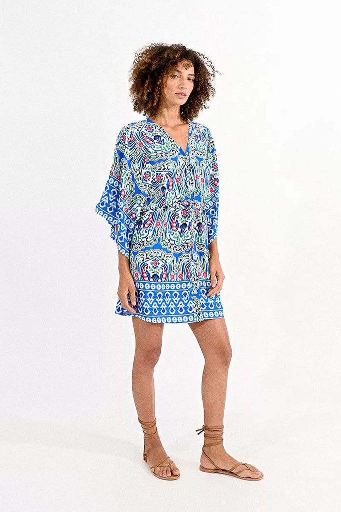 Molly Bracken Kimono Style Blue Ethnic Print Short Dress