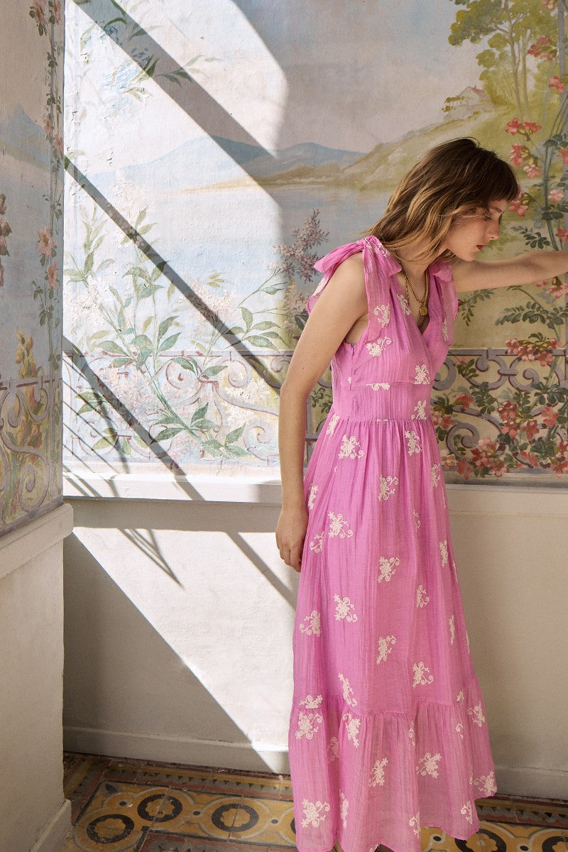 Molly Bracken embroidered maxi dress pink side view flowing skirt