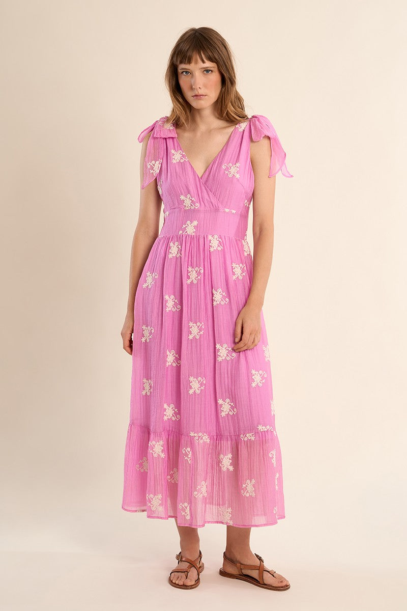 Molly Bracken pink embroidered maxi dress V neckline front view