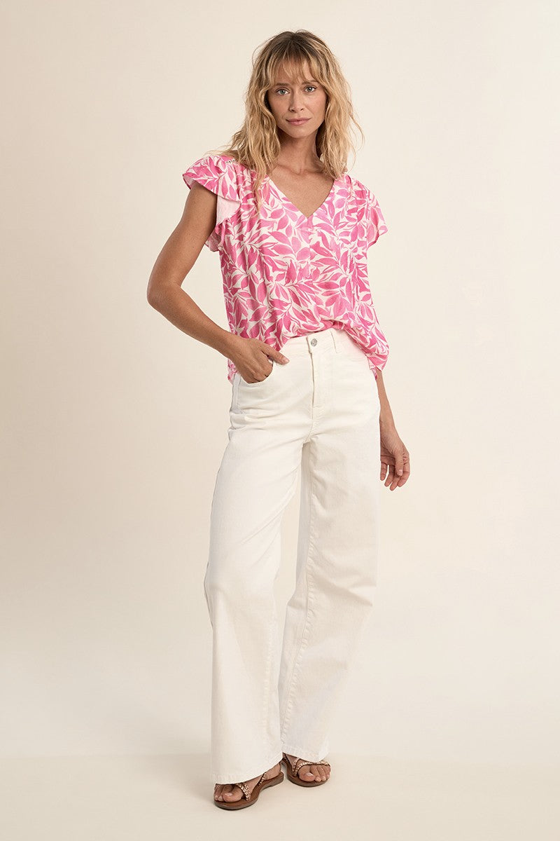 Molly Bracken pink floral print blouse V neck ruffle sleeve top front view