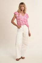 Molly Bracken pink floral print blouse V neck ruffle sleeve top front view