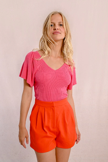 Short sleeve summer top in pink with low back and tie detail