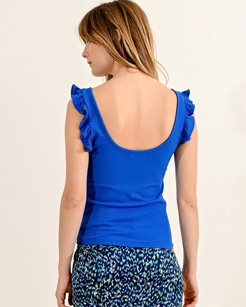 Molly Bracken Scoop Neck Blue Vest Top With Frilled Straps From Back