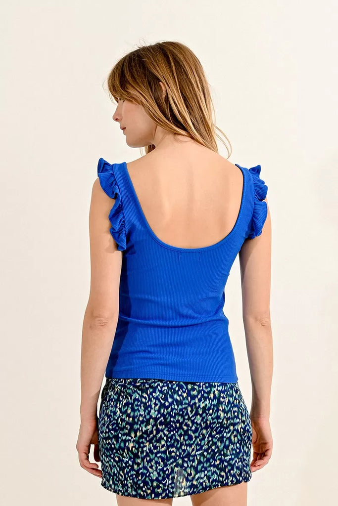 Molly Bracken Scoop Neck Blue Vest Top With Frilled Straps From Back