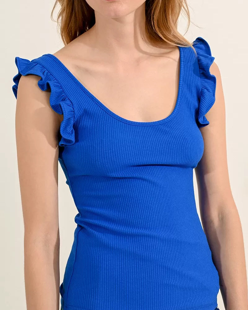 Molly Bracken Scoop Neck Vest Top With Frilled Straps in Blue