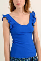 Molly Bracken Scoop Neck Vest Top With Frilled Straps in Blue