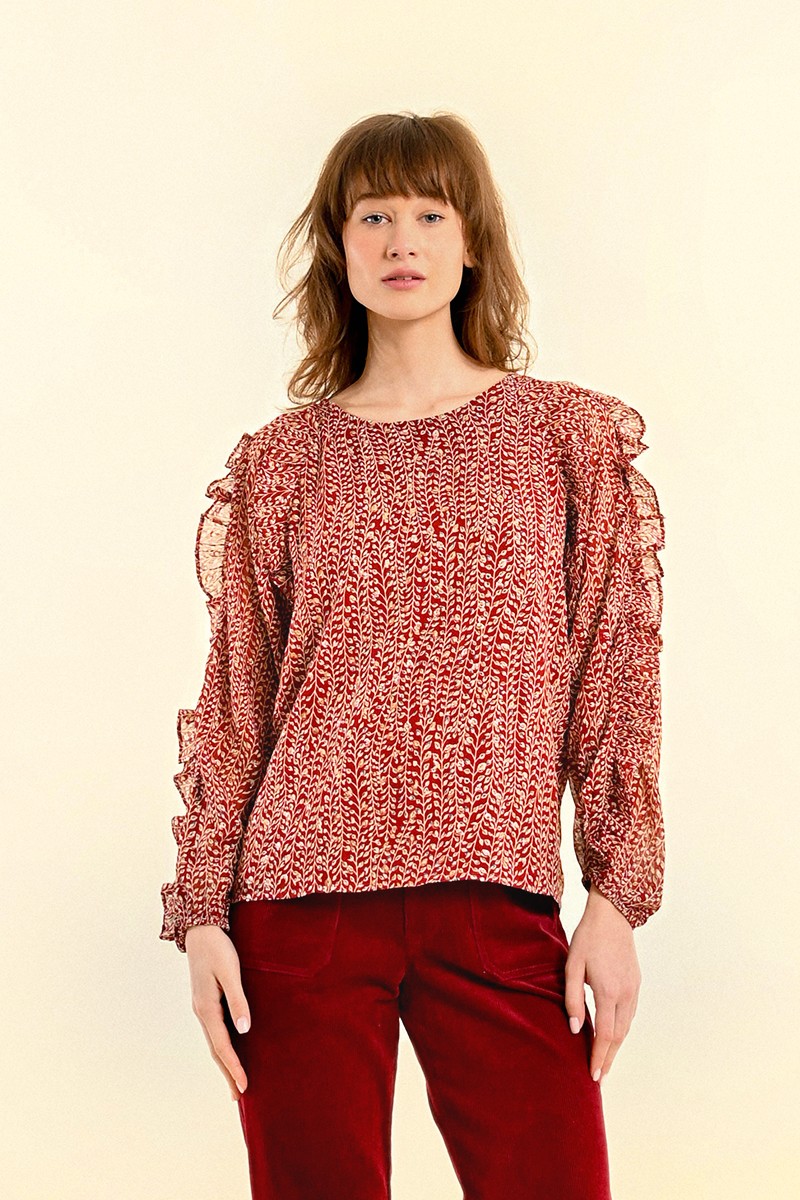 Molly Bracken Red High Neck Floral Print Voile Blouse