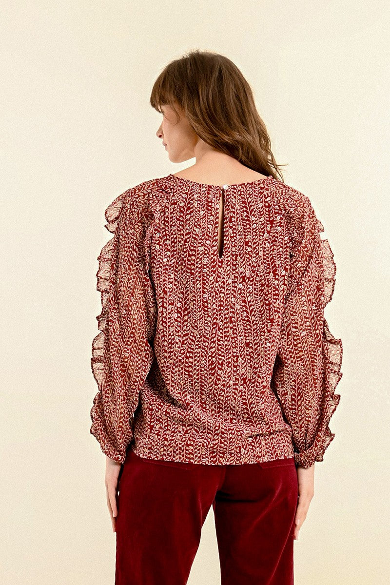 Molly Bracken Red Floral Print Voile Blouse From Back 