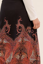 Molly Bracken black paisley midi skirt with rust and pink print – detail view