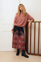 Molly Bracken paisley print midi skirt styled with pink knit – lifestyle view