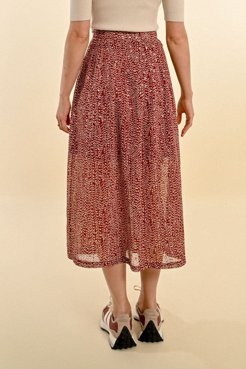 Molly Bracken Red Leaf Print Voile Midi Skirt From The Back 