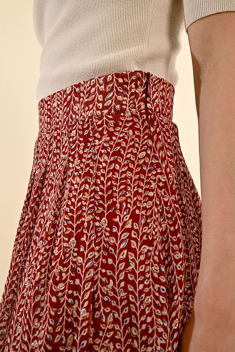 Molly Bracken Red Leaf Print Autumn  Midi Skirt