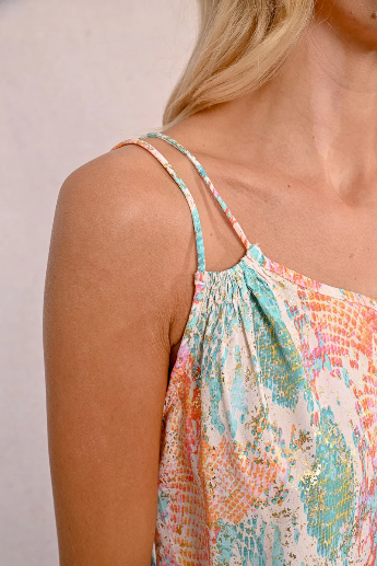 Turquoise printed cami top with relaxed fit and delicate strap detail