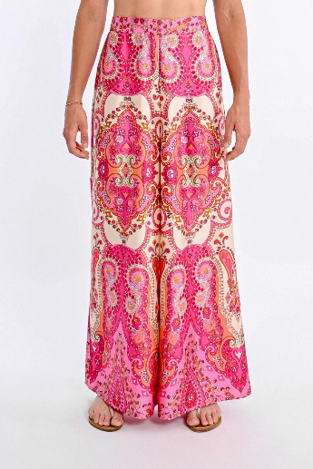 Front view of Molly Bracken high-waisted paisley wide-leg trousers