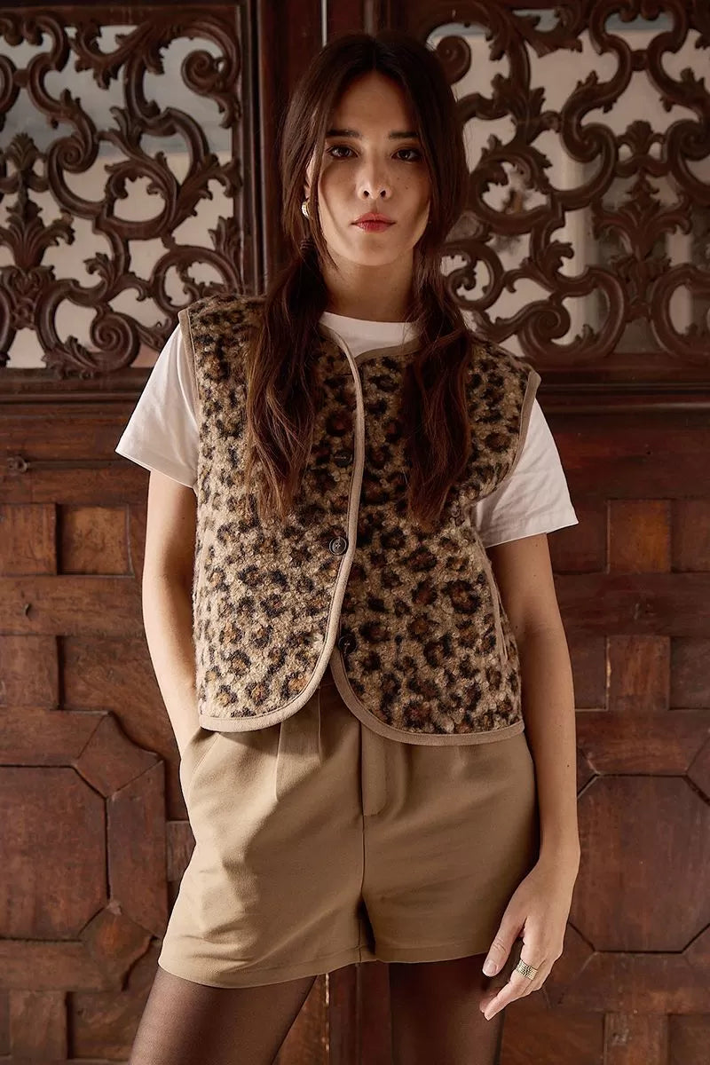 Front view of Molly Bracken textured animal print gilet 
