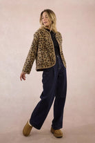 Model wearing Molly Bracken textured animal print faux-fur jacket