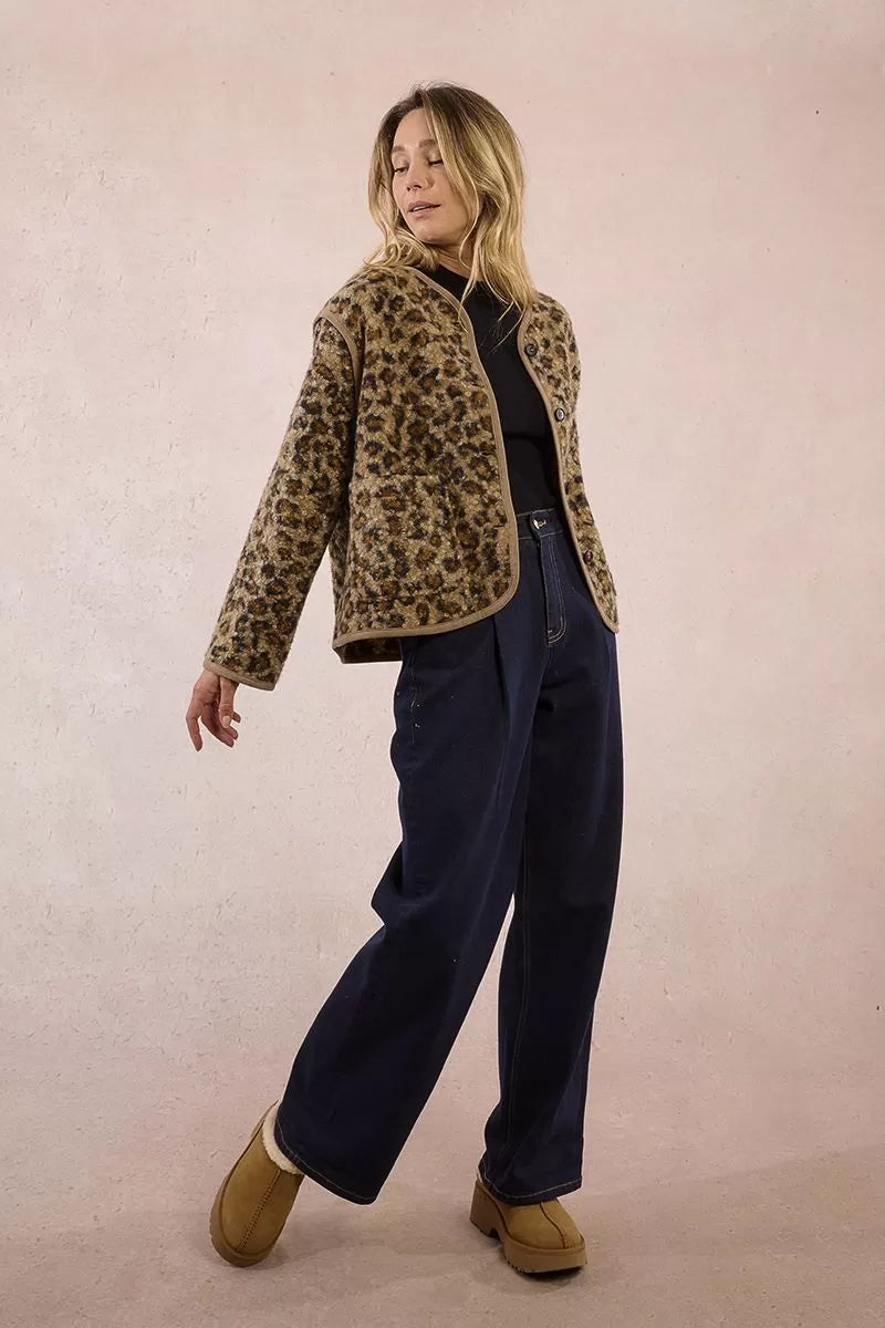 Model wearing Molly Bracken textured animal print faux-fur jacket