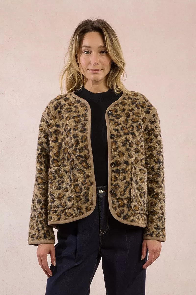 Front view of Molly Bracken leopard print oversized jacket