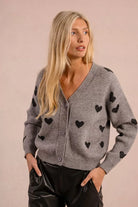 Molly Bracken grey knit cardigan with playful heart pattern
