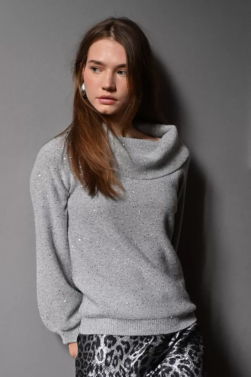 Front view of grey Molly Bracken cowl neck sequin jumper