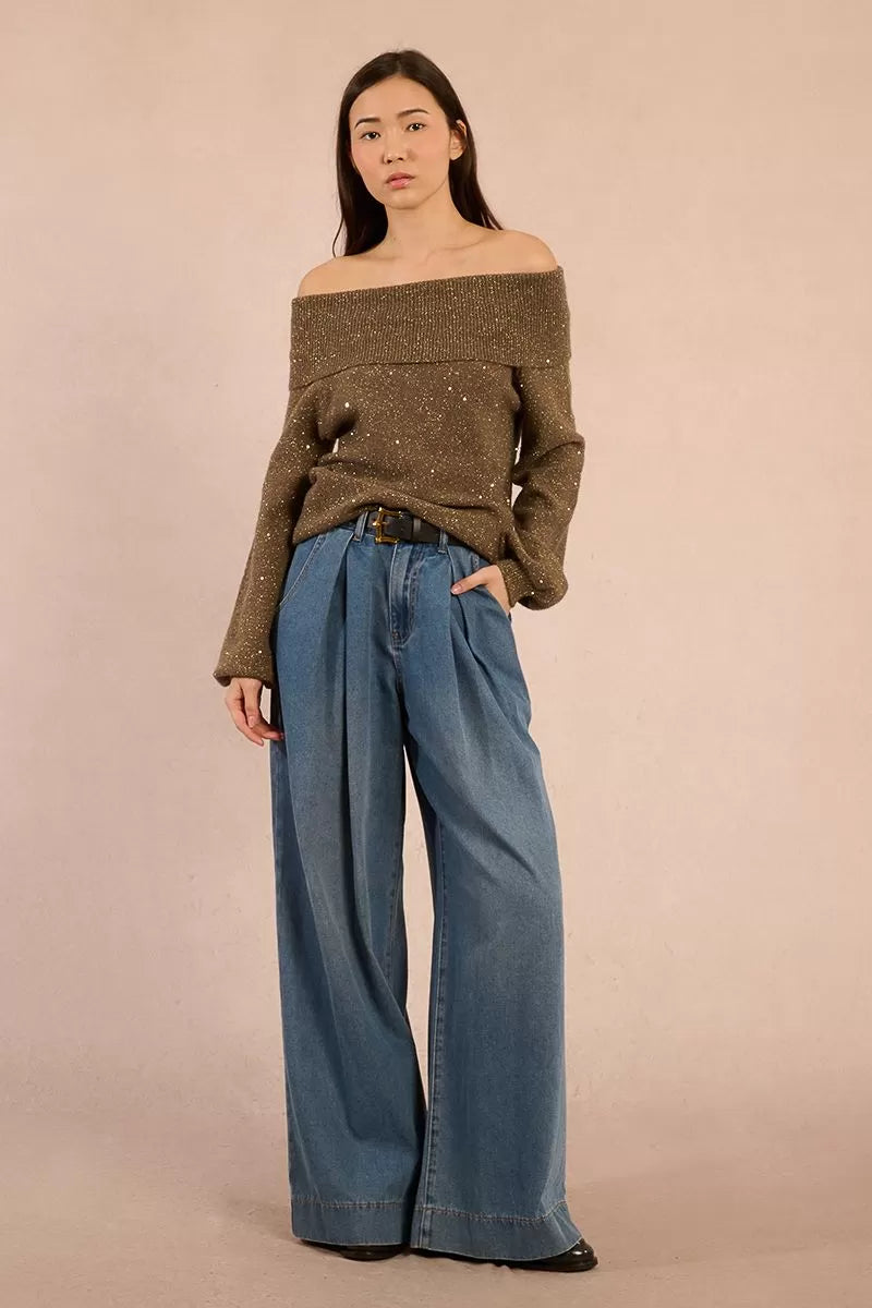 Front view of khaki cowl neck jumper with sequins and balloon sleeves worn off shoulder 
