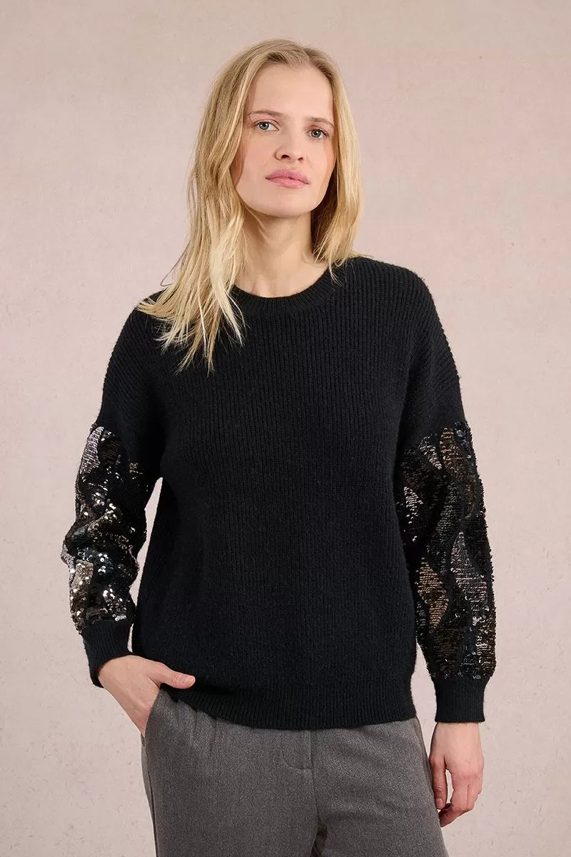 Front view of Molly Bracken black cozy knit jumper with sequin sleeves