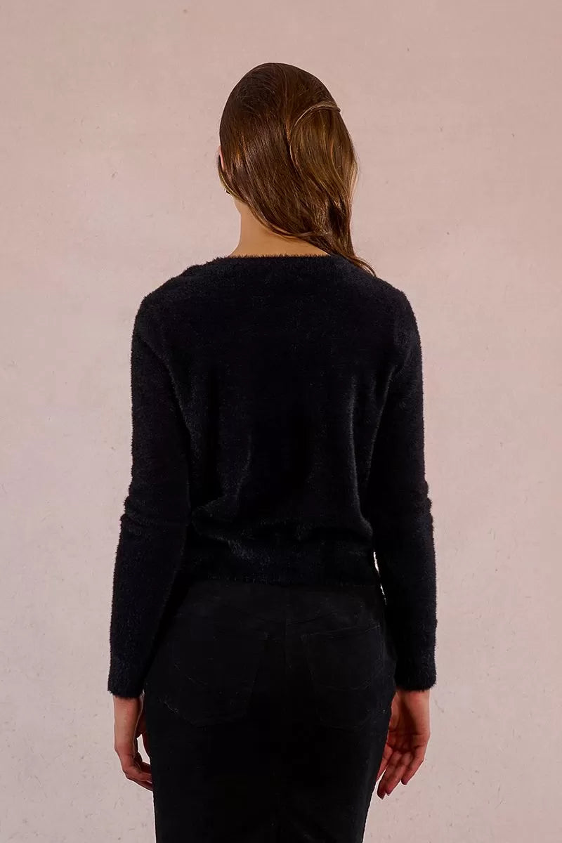 Back view of Molly Bracken fluffy knit cardigan in black 