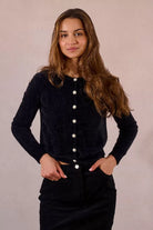 Molly Bracken black fluffy knit cardigan with fancy pearlized sparkly buttons 