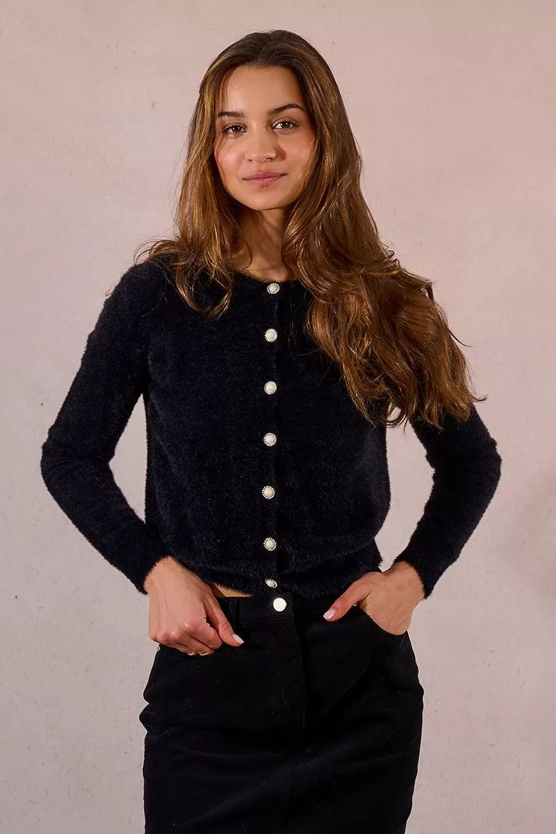 Molly Bracken black fluffy knit cardigan with fancy pearlized sparkly buttons 