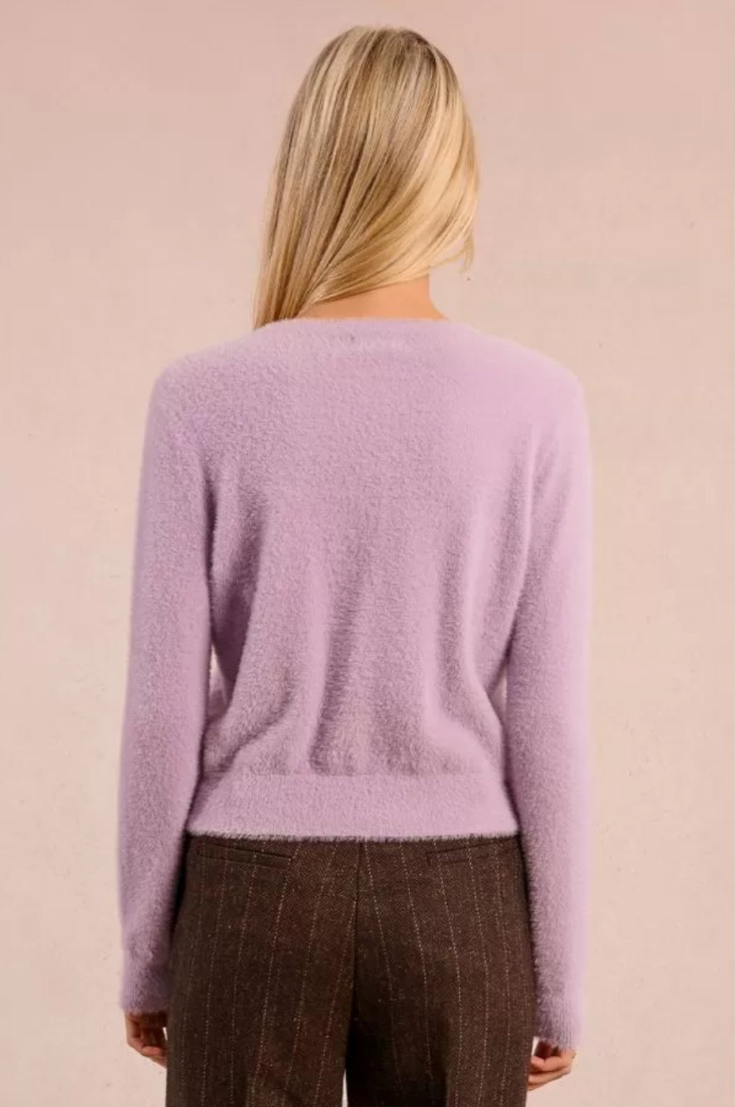 Molly Bracken lilac fluffy knit cardigan From the back 