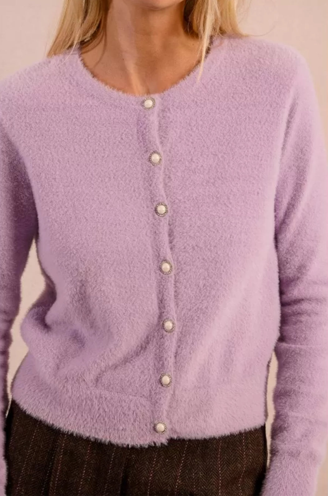 Soft textured lilac cardigan with soft fluffy knit – Molly Bracken